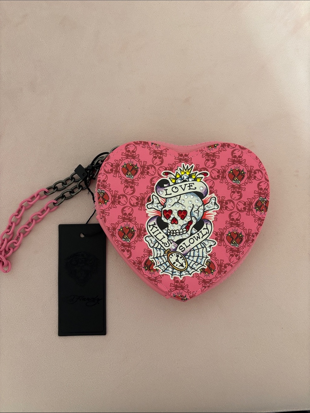 Ed Hardy Heart-Shaped Pink Skull Coin Purse. (NWT)
